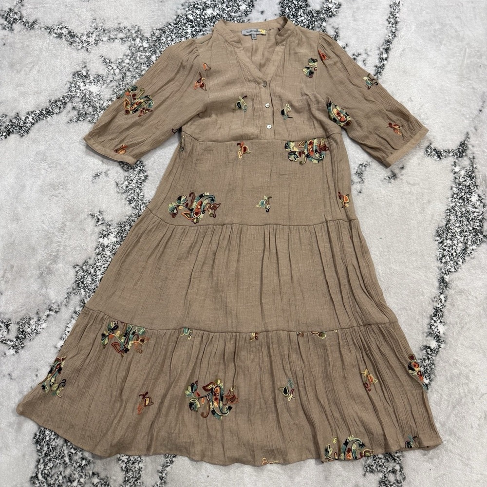Figueroa 7 Flower Womens Small embroidered Paisley Tiered Midi Dress Boho Tan